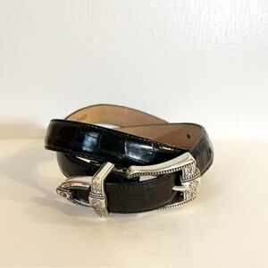 VTG Brighton Croc-embossed Black Leather Belt Western-style Silver Buckle ML 32